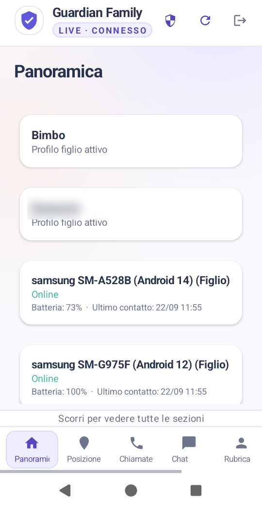 Schermata reale della dashboard genitore di Guardian Family VIP: profili figlio, dispositivi online con stato e batteria